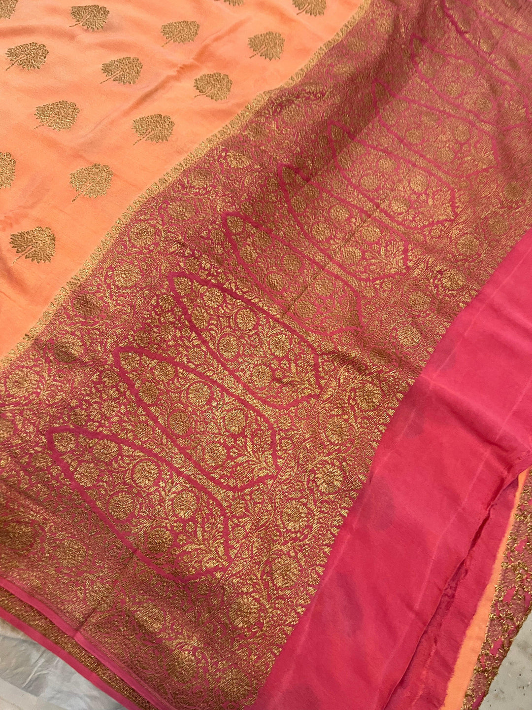 Peach Pure Banarasi Khaddi Crepe Silk Saree - Aura Benaras