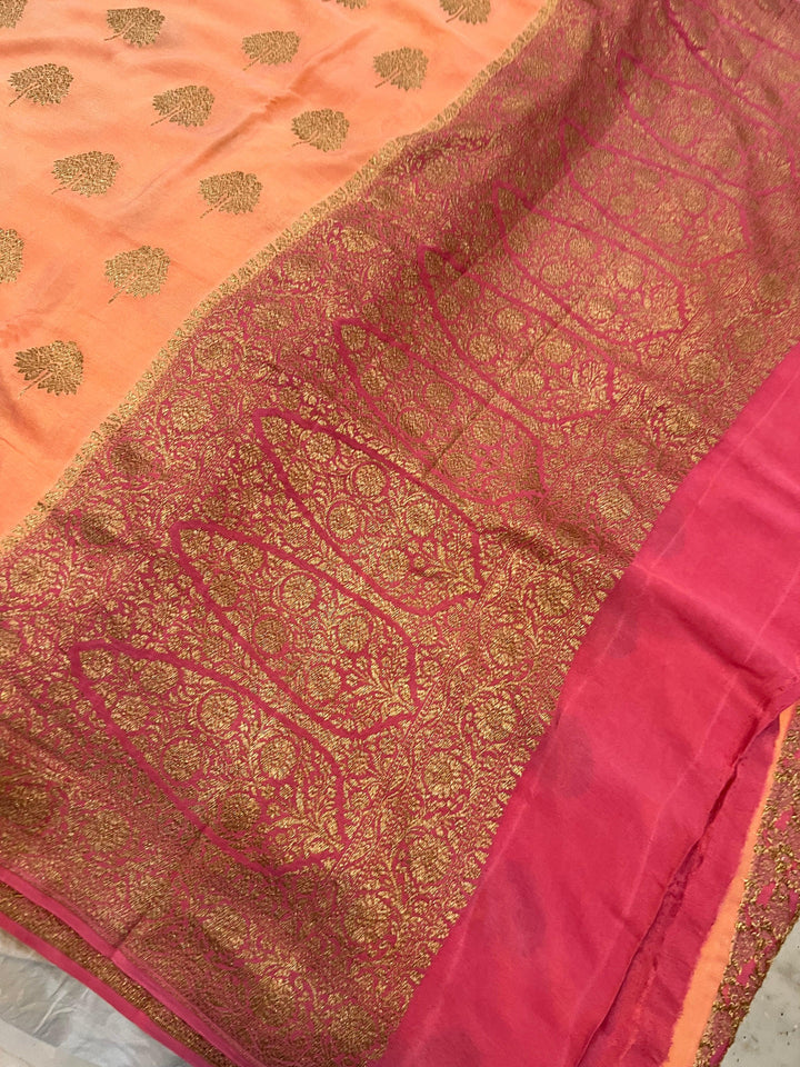 Peach Pure Banarasi Khaddi Crepe Silk Saree - Aura Benaras