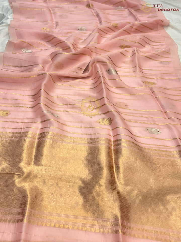 Baby Pink Pure Banarasi Handloom Kora Silk Saree