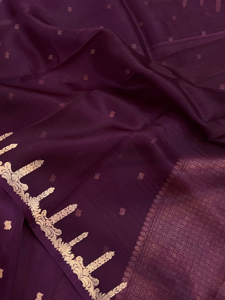 Wine Pure Kora Silk Banarasi Saree with Kadhwa Butis 