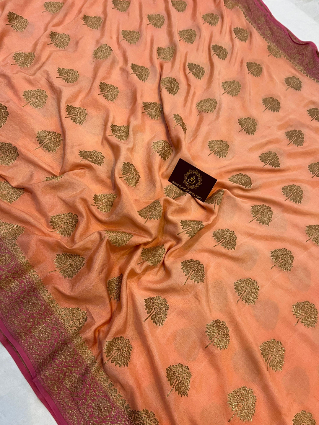 Peach Pure Banarasi Khaddi Crepe Silk Saree - Aura Benaras
