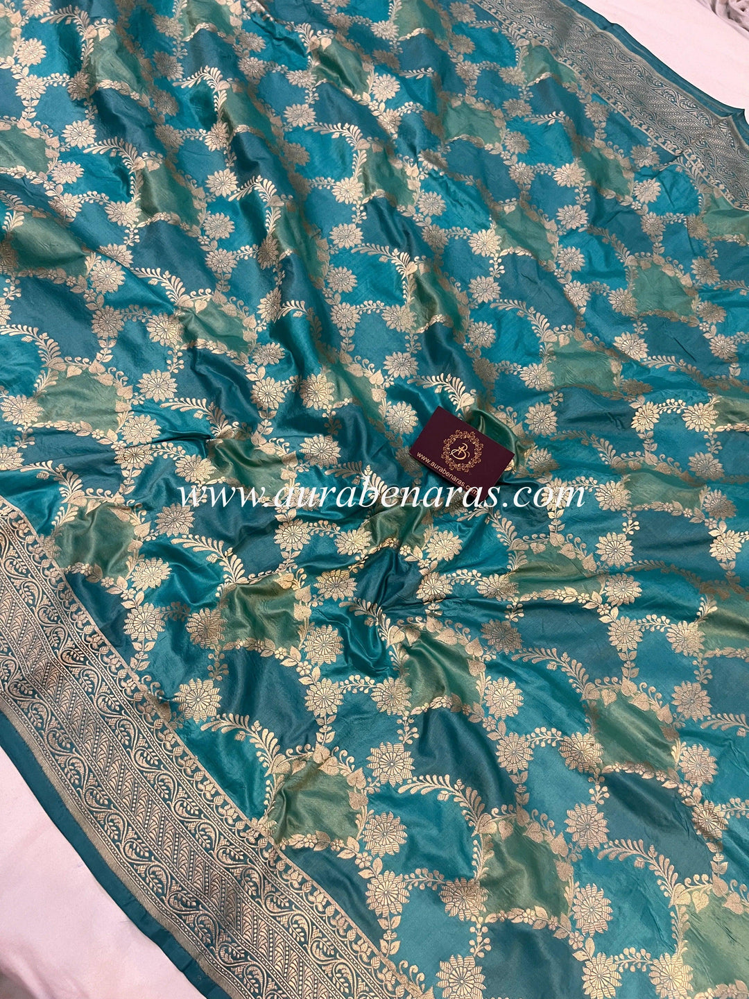 Detailed cutwork zari jaal with gold thread on multicolor Rangkaat Banarasi silk saree
