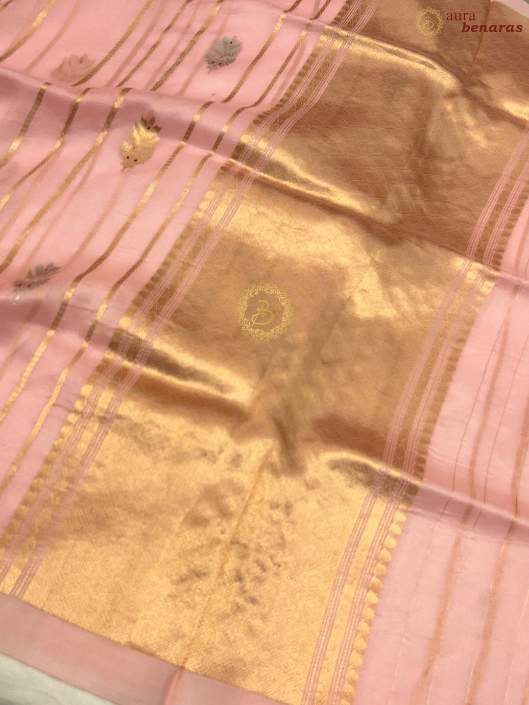 Baby Pink Pure Banarasi Handloom Kora Silk Saree