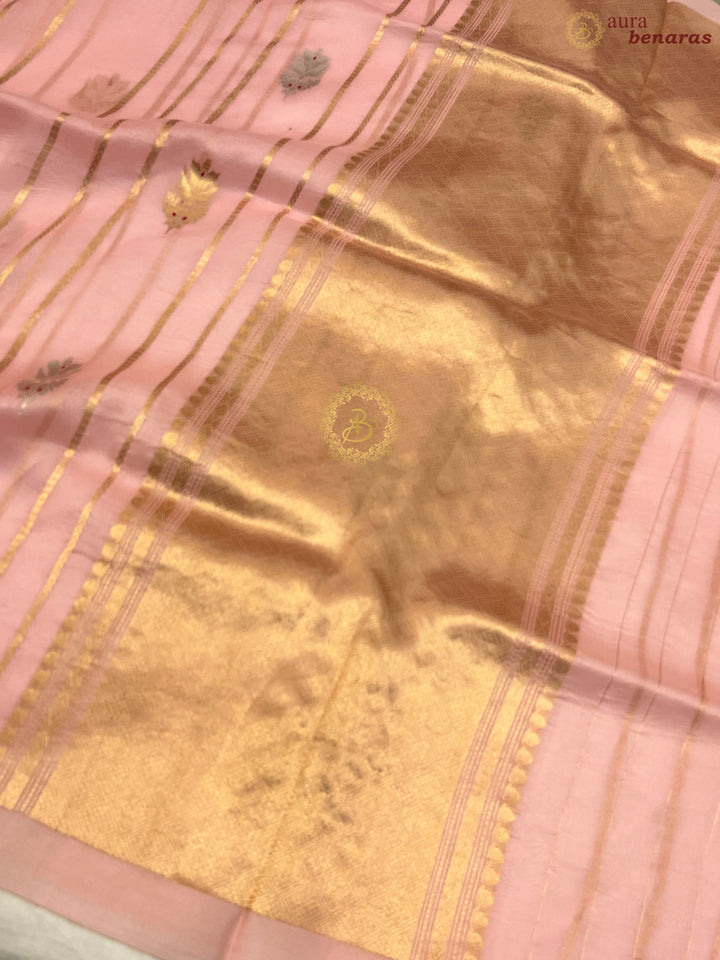 Baby Pink Pure Banarasi Handloom Kora Silk Saree