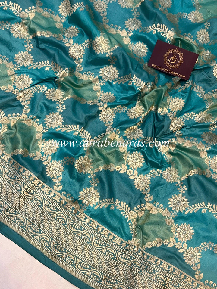 Detailed cutwork zari jaal with gold thread on multicolor Rangkaat Banarasi silk saree