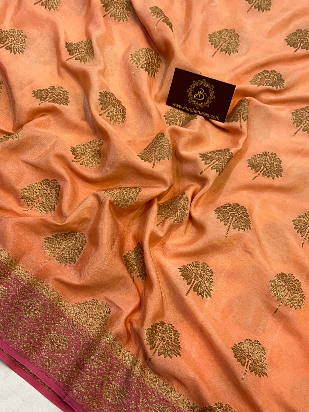 Peach Pure Banarasi Khaddi Crepe Silk Saree - Aura Benaras