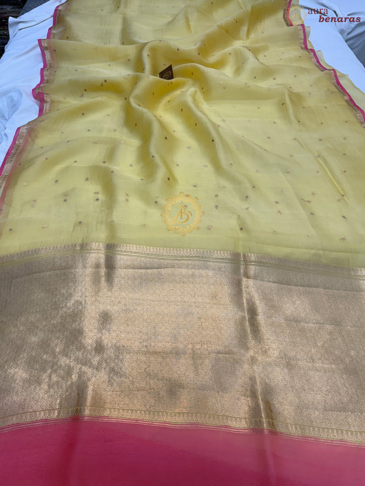 Pastel Yellow Pure Kora Silk Handloom Banarasi Saree