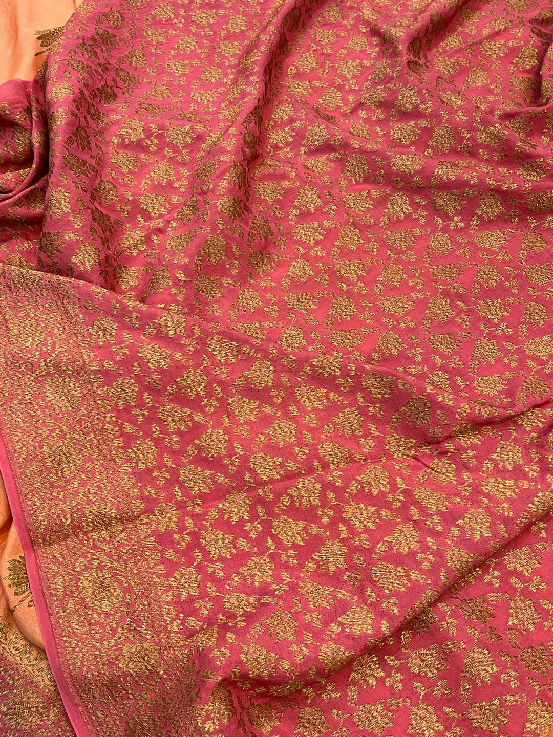 Peach Pure Banarasi Khaddi Crepe Silk Saree - Aura Benaras