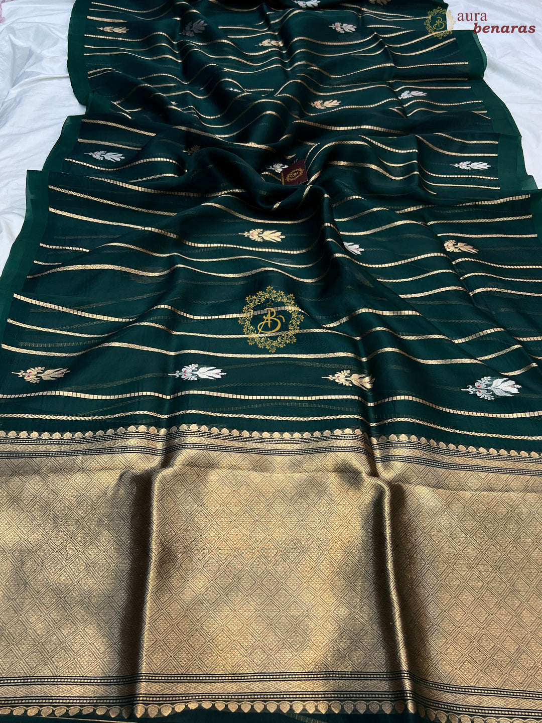 Bottle Green Pure Banarasi Handloom Kora Silk Saree