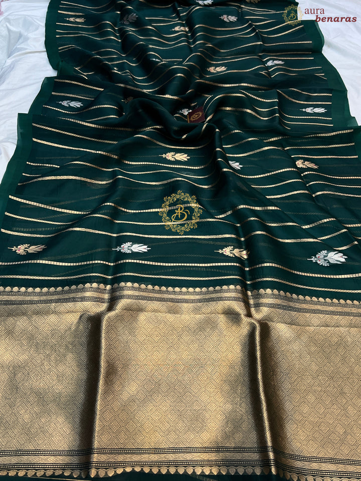Bottle Green Pure Banarasi Handloom Kora Silk Saree