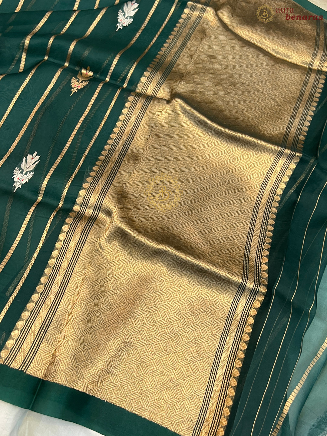 Bottle Green Pure Banarasi Handloom Kora Silk Saree