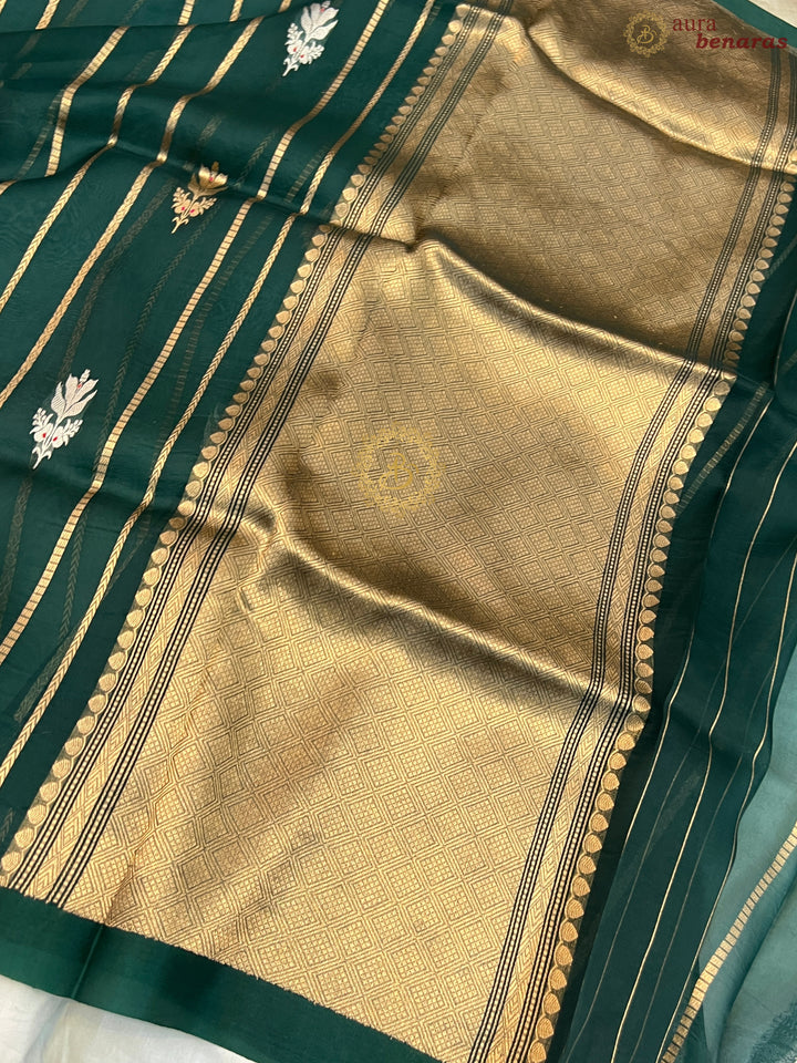 Bottle Green Pure Banarasi Handloom Kora Silk Saree