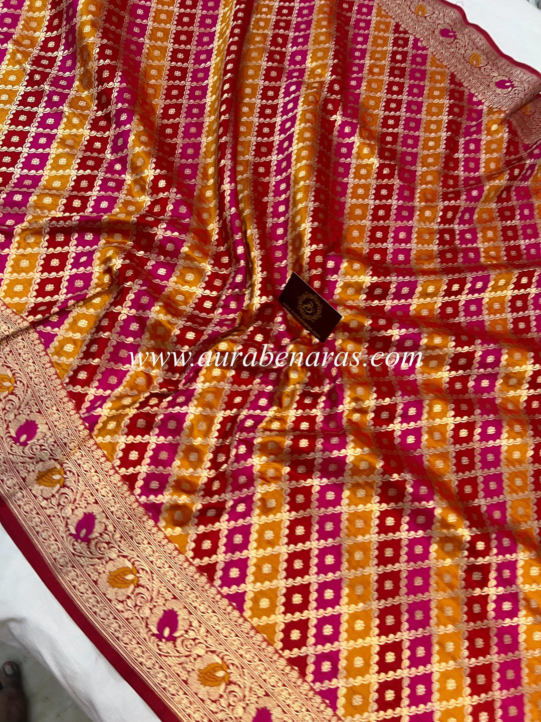 Multicolor Banarasi Rangkaat silk saree with cutwork golden zari jaal – handloom design