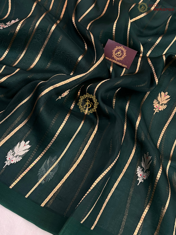Bottle Green Pure Banarasi Handloom Kora Silk Saree