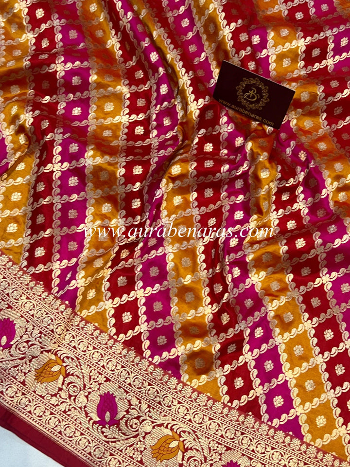 Detailed cutwork zari jaal with gold thread on multicolor Rangkaat Banarasi silk saree