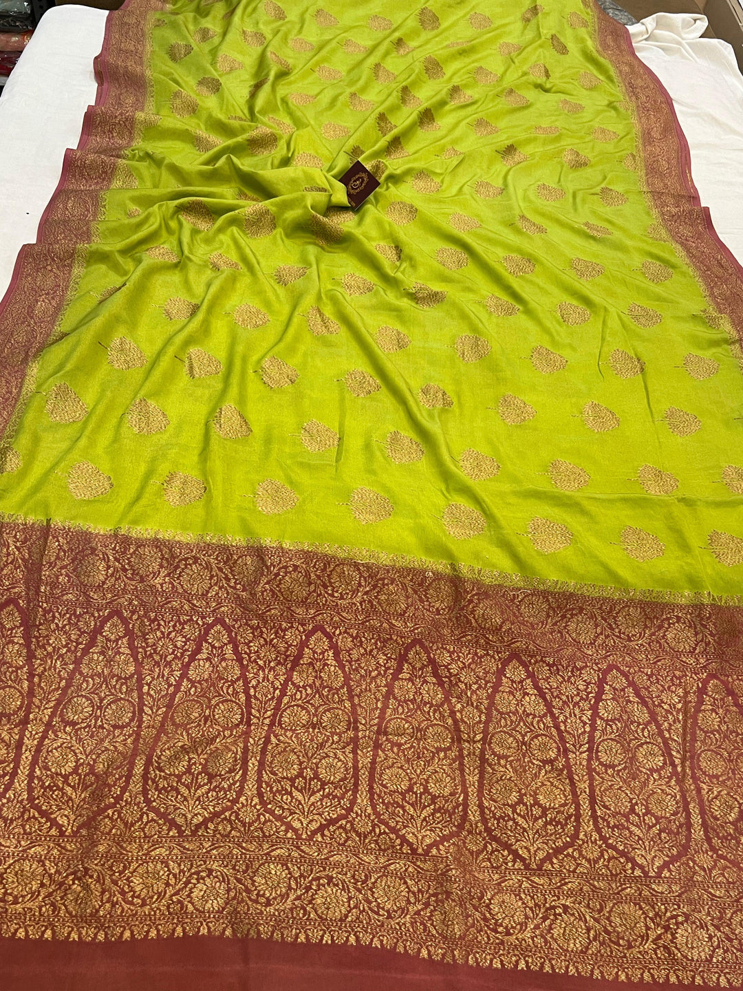 Parrot Green Pure Banarasi Khaddi Crepe Silk Saree - Aura Benaras