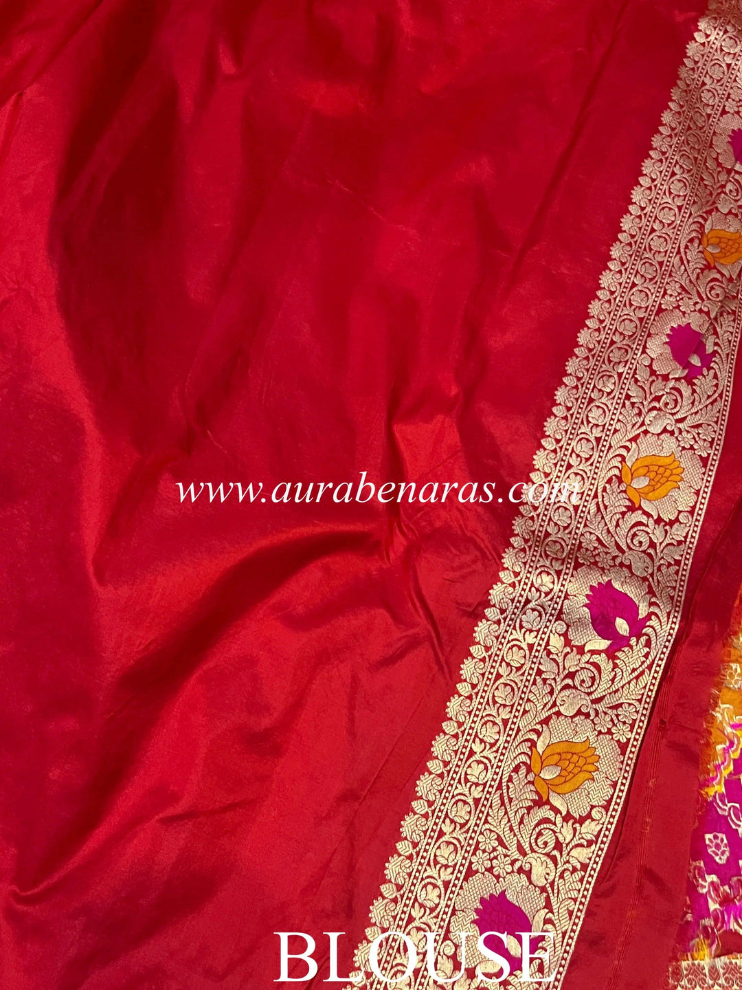 Plain blouse piece with matching border included with Rangkaat Banarasi Katan silk saree
