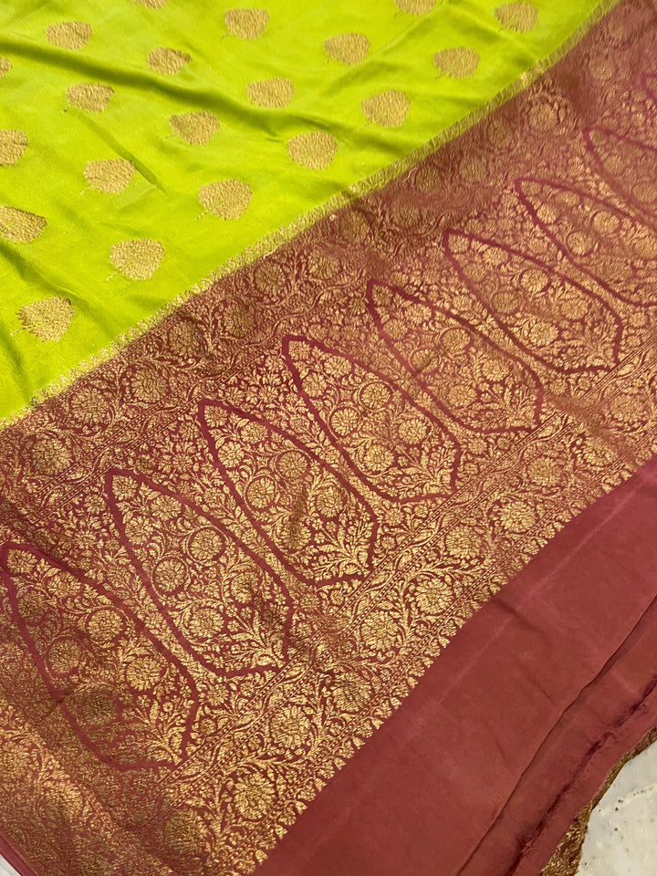 Parrot Green Pure Banarasi Khaddi Crepe Silk Saree - Aura Benaras