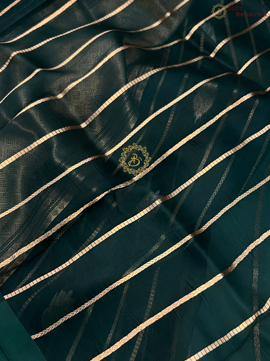 Bottle Green Pure Banarasi Handloom Kora Silk Saree