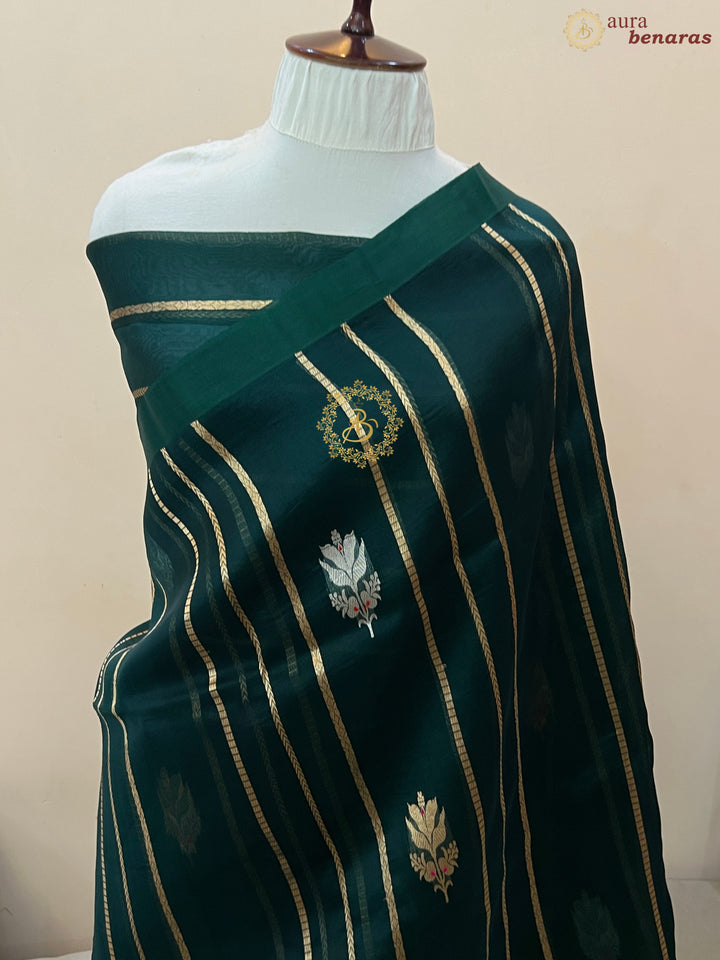 Bottle Green Pure Banarasi Handloom Kora Silk Saree