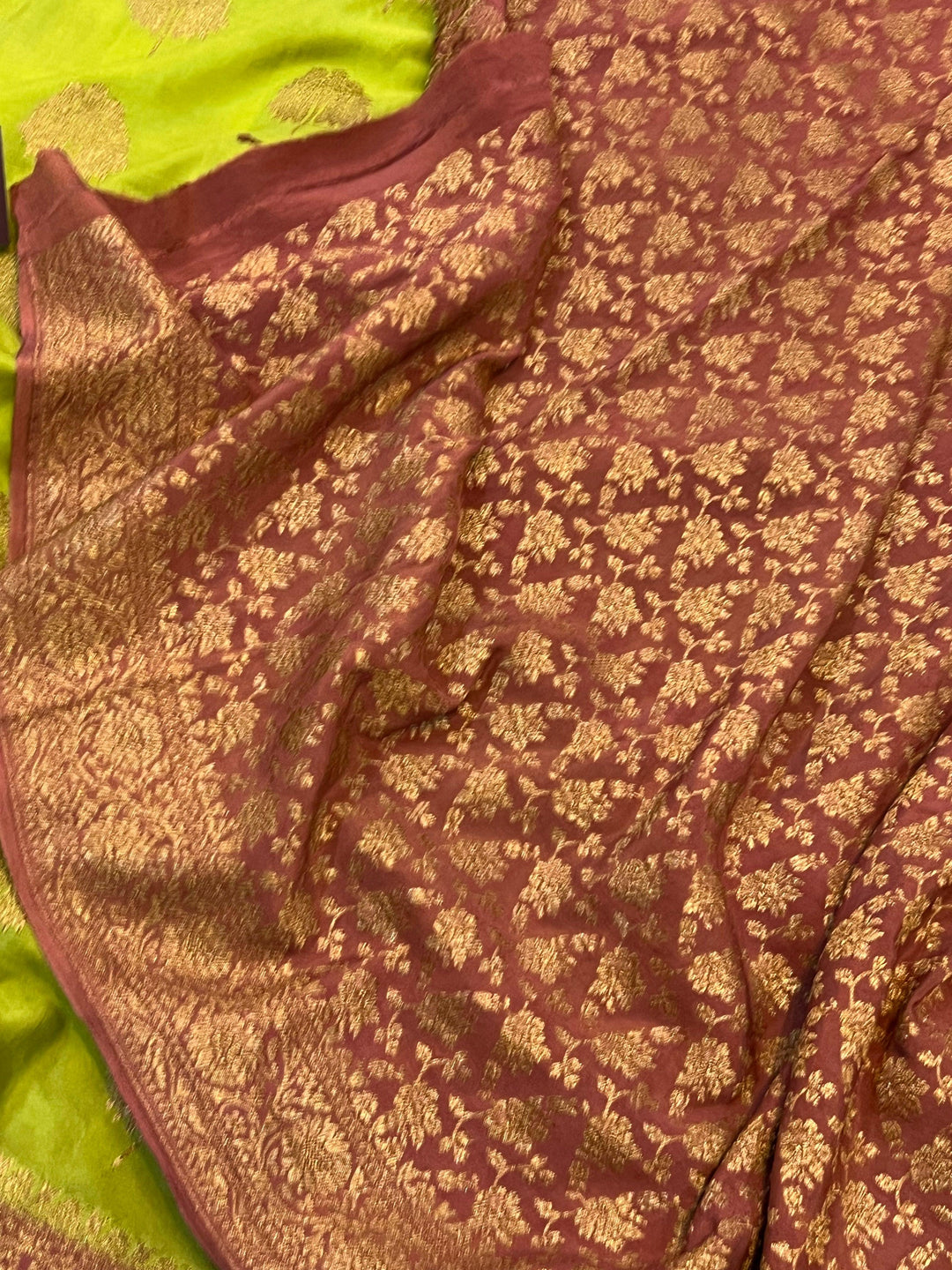 Parrot Green Pure Banarasi Khaddi Crepe Silk Saree - Aura Benaras