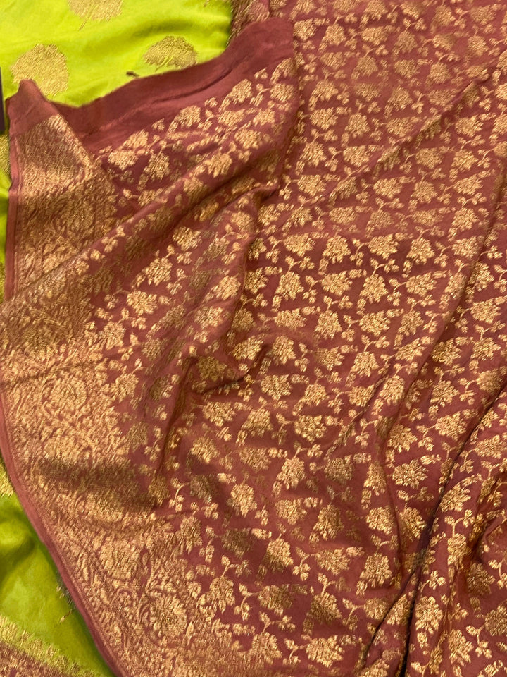 Parrot Green Pure Banarasi Khaddi Crepe Silk Saree - Aura Benaras