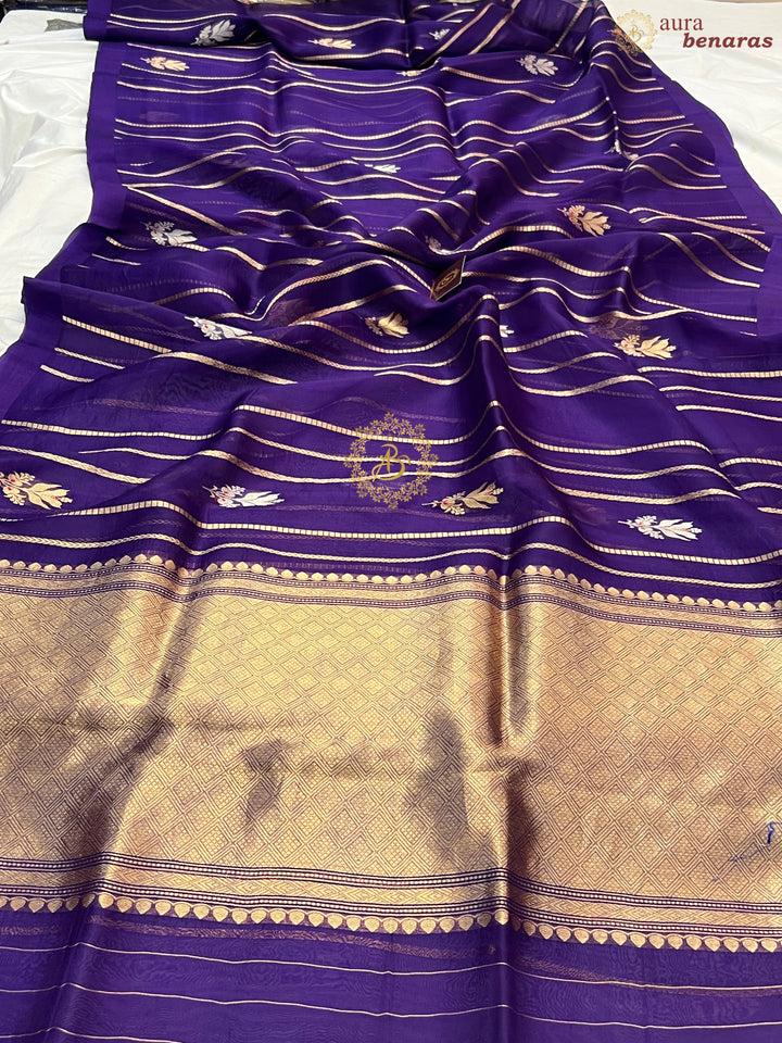 Purple Pure Banarasi Handloom Kora Silk Saree