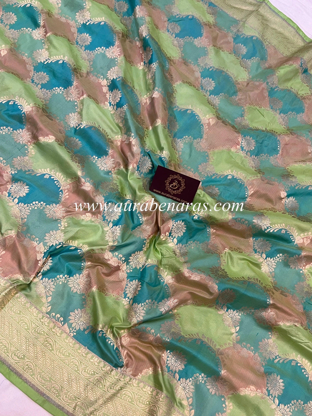 Multicolor Banarasi Rangkaat silk saree with cutwork golden zari jaal – handloom design