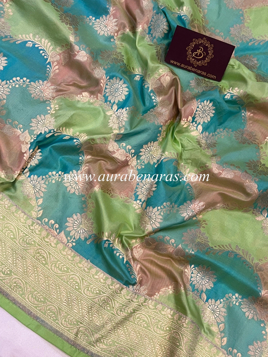 Detailed cutwork zari jaal with gold thread on multicolor Rangkaat Banarasi silk saree