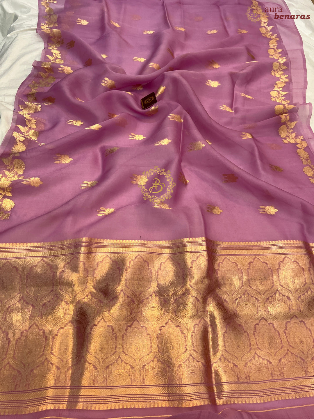 Lavender Pure Kora Silk Handloom Banarasi Saree