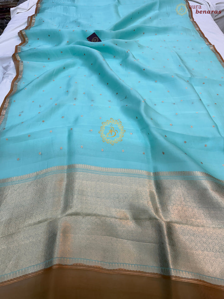 Mint Blue Pure Kora Silk Handloom Banarasi Saree