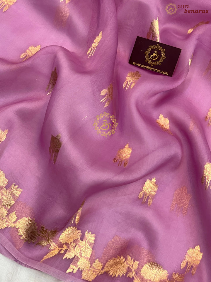 Lavender Pure Kora Silk Handloom Banarasi Saree