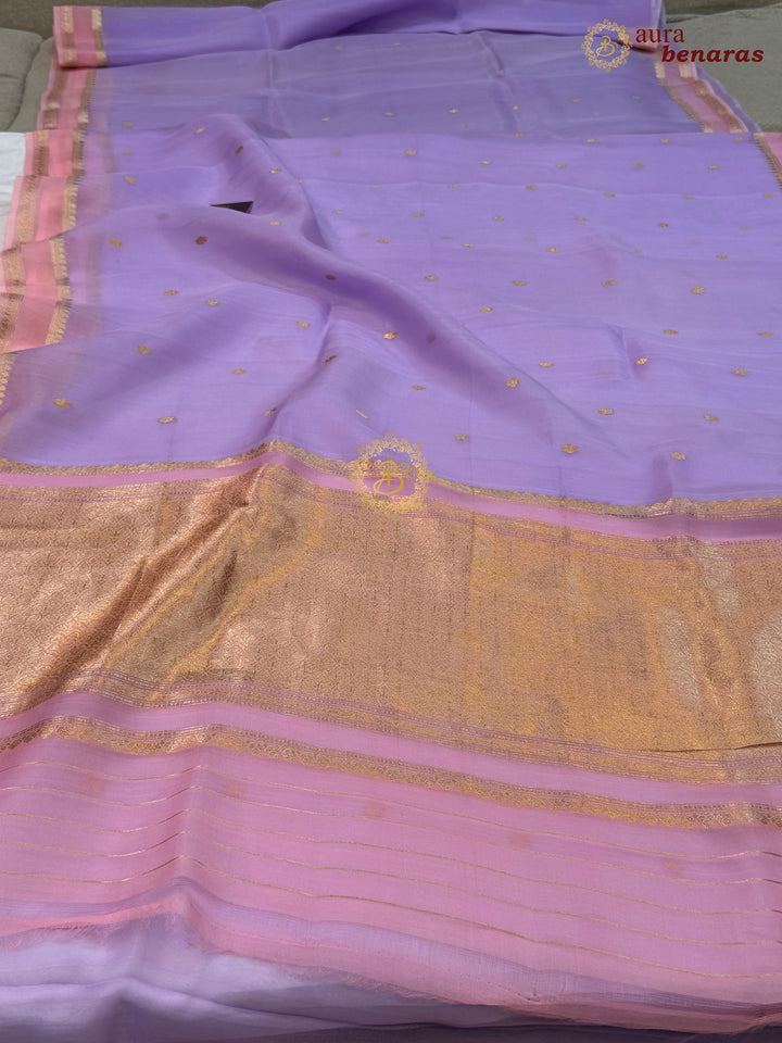 Pastel Lavender Banarasi Handloom Kora Silk Saree - Aura Benaras
