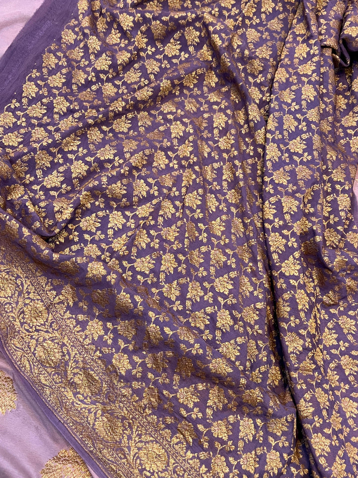 Lavender Pure Banarasi Khaddi Crepe Silk Saree - Aura Benaras
