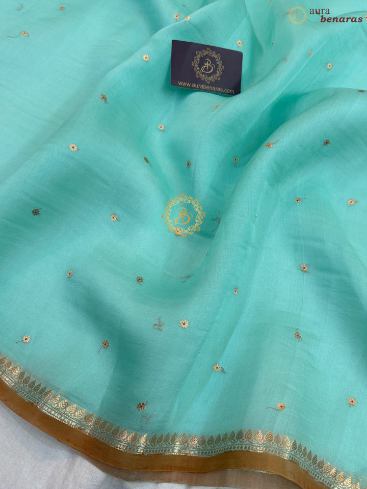 Mint Blue Pure Kora Silk Handloom Banarasi Saree