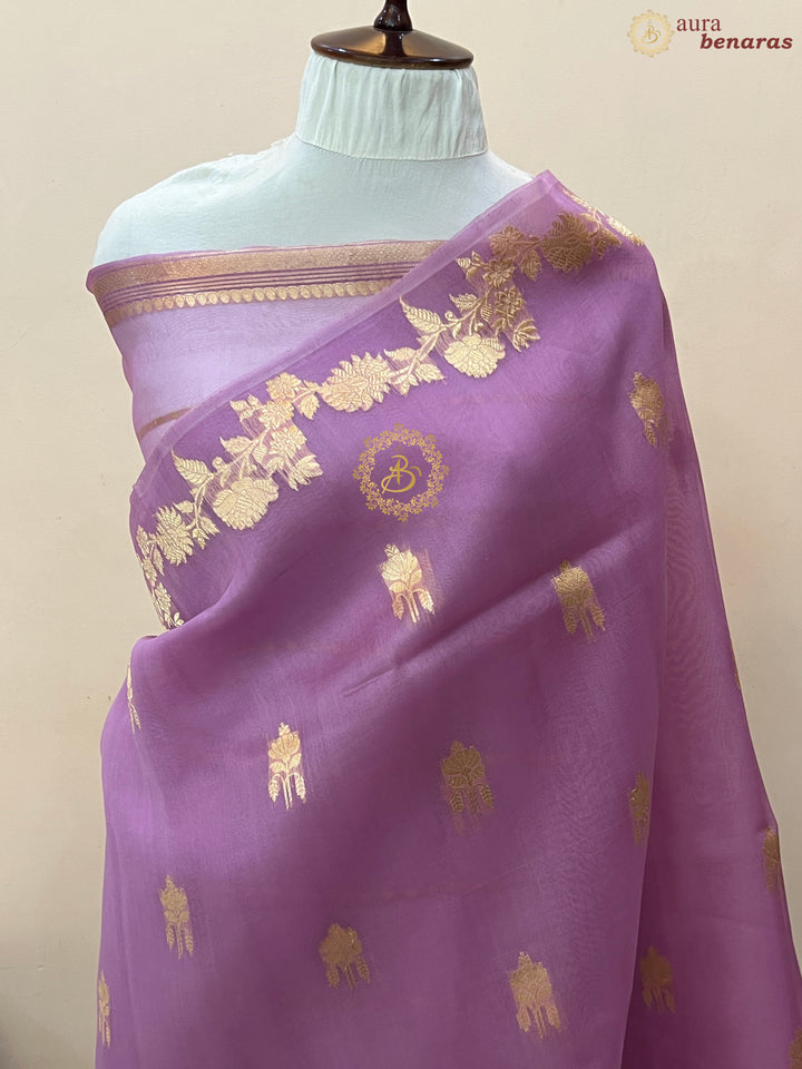 Lavender Pure Kora Silk Handloom Banarasi Saree
