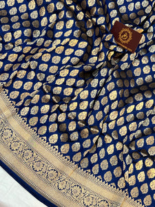 Navy Blue Pure Banarasi Handloom Katan Silk Saree - Aura Benaras