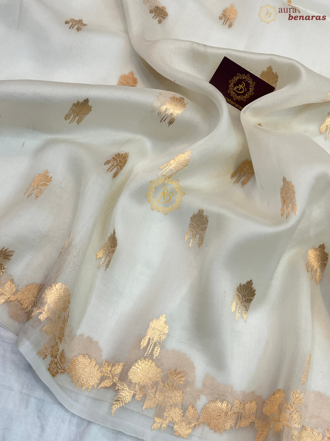 White Pure Kora Silk Handloom Banarasi Saree