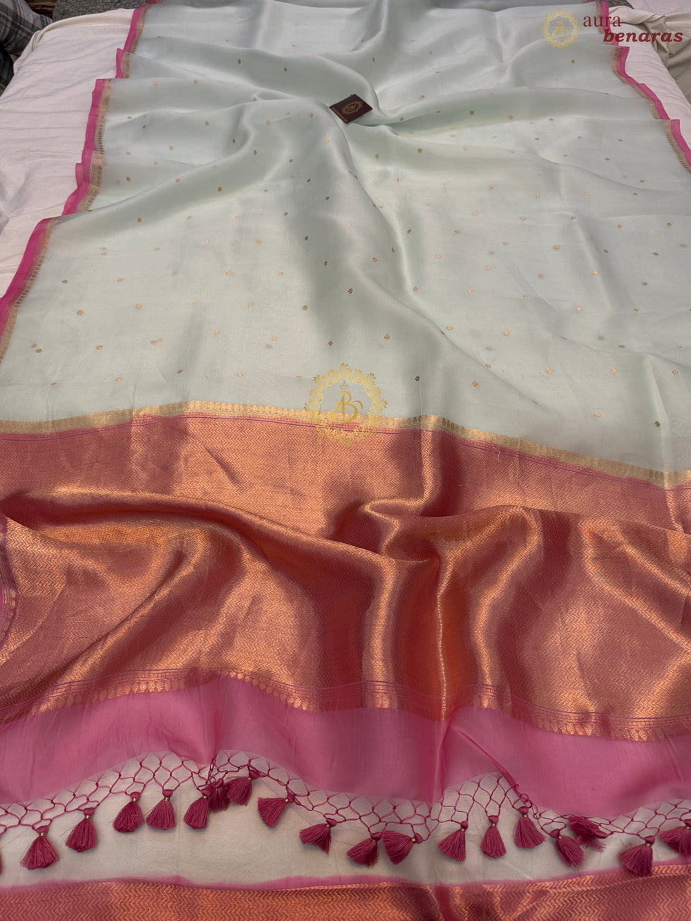 Pastel Mint Green Pure Kora Silk Handloom Banarasi Saree