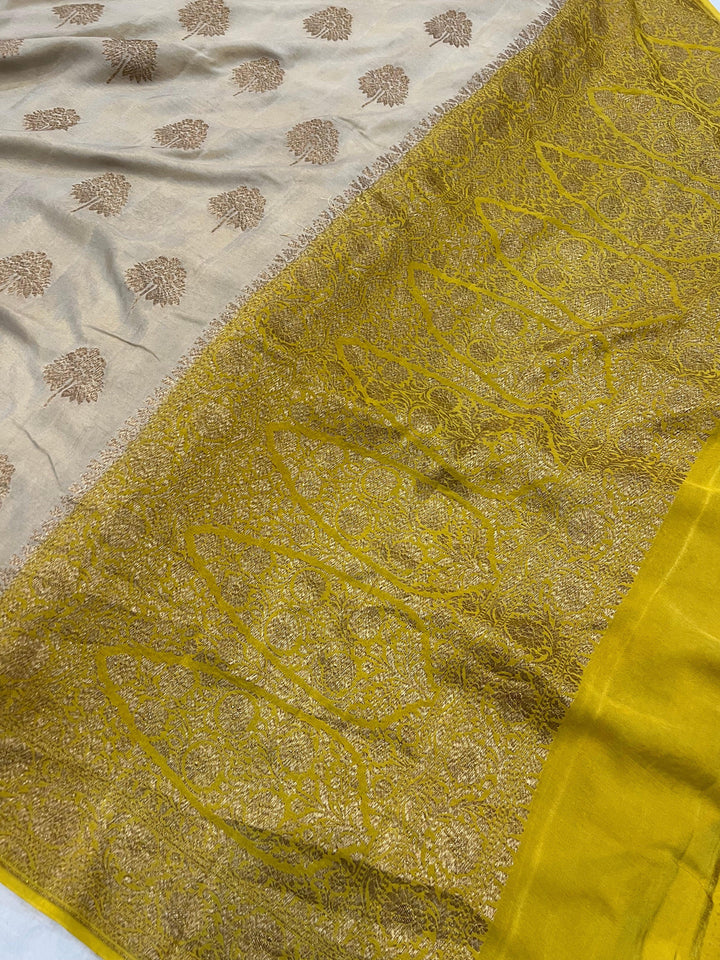 Beige Pure Banarasi Khaddi Crepe Silk Saree - Aura Benaras