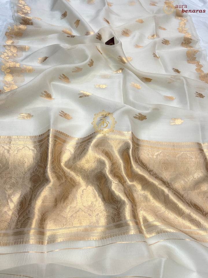 White Pure Kora Silk Handloom Banarasi Saree