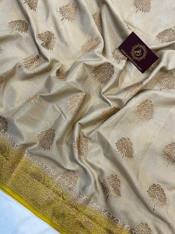 Beige Pure Banarasi Khaddi Crepe Silk Saree - Aura Benaras