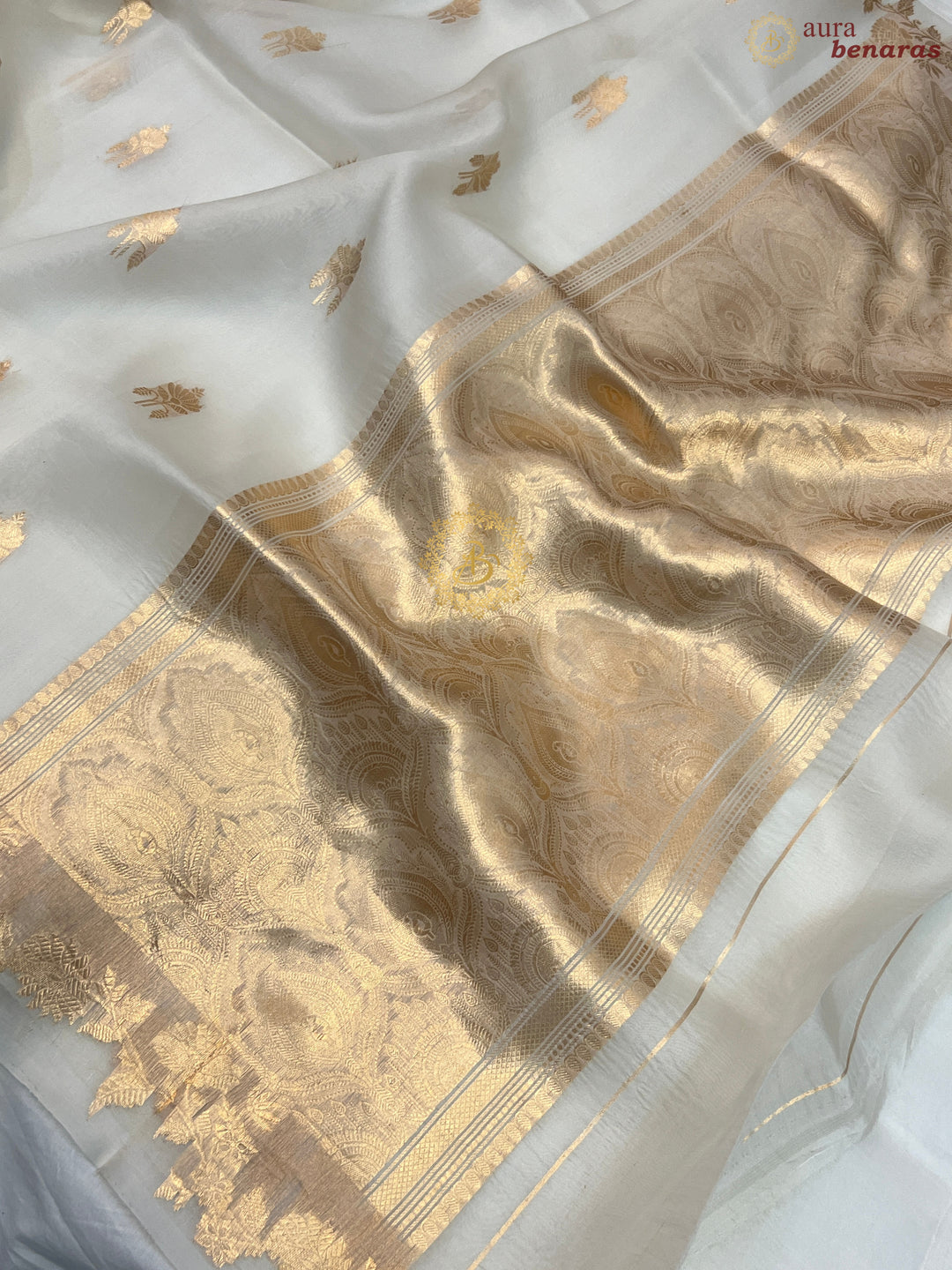 White Pure Kora Silk Handloom Banarasi Saree