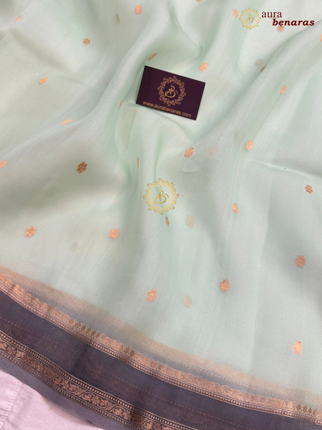 Pastel Mint Green Banarasi Handloom Kora Silk Saree - Aura Benaras