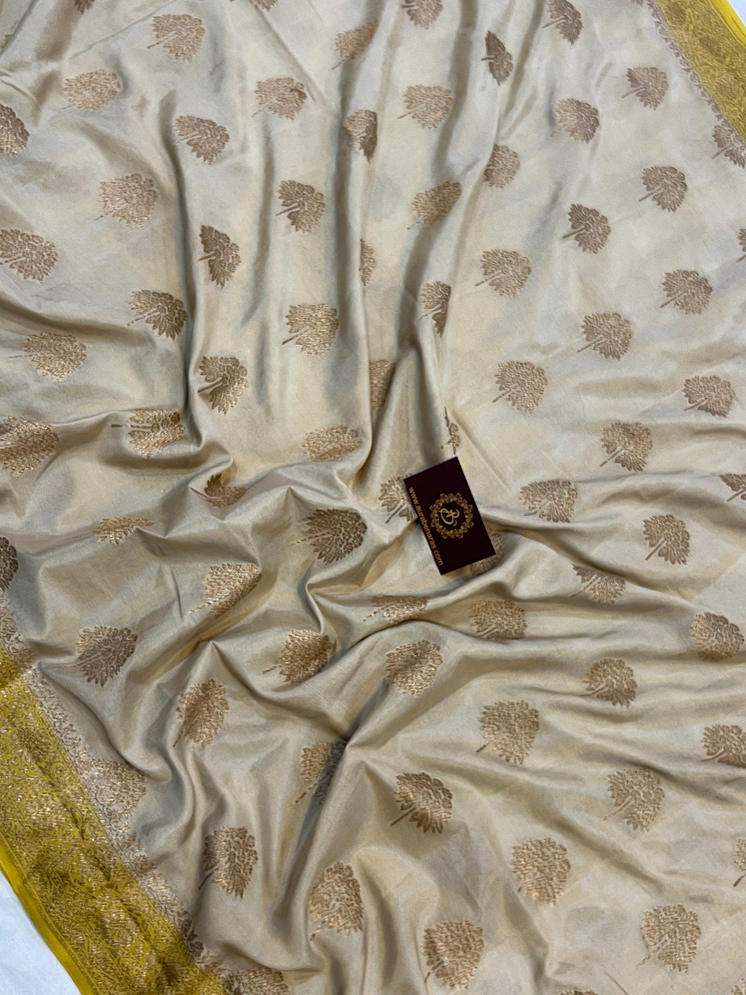 Beige Pure Banarasi Khaddi Crepe Silk Saree - Aura Benaras