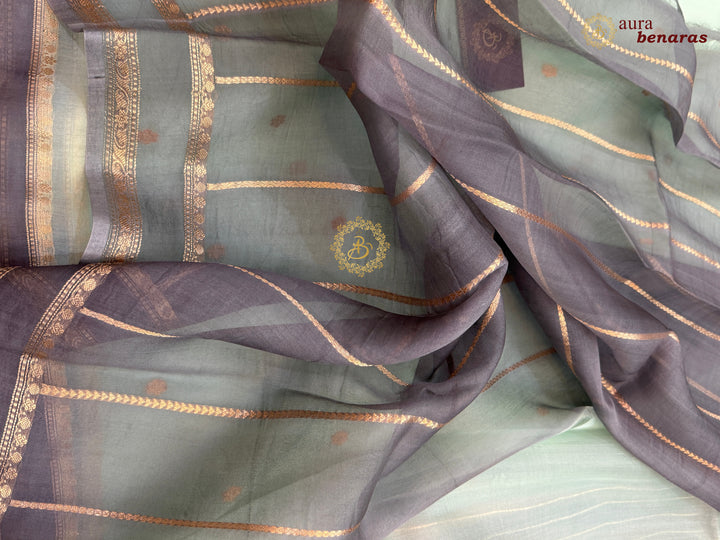Pastel Mint Green Banarasi Handloom Kora Silk Saree - Aura Benaras