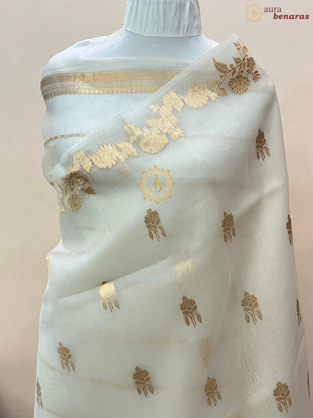 White Pure Kora Silk Handloom Banarasi Saree
