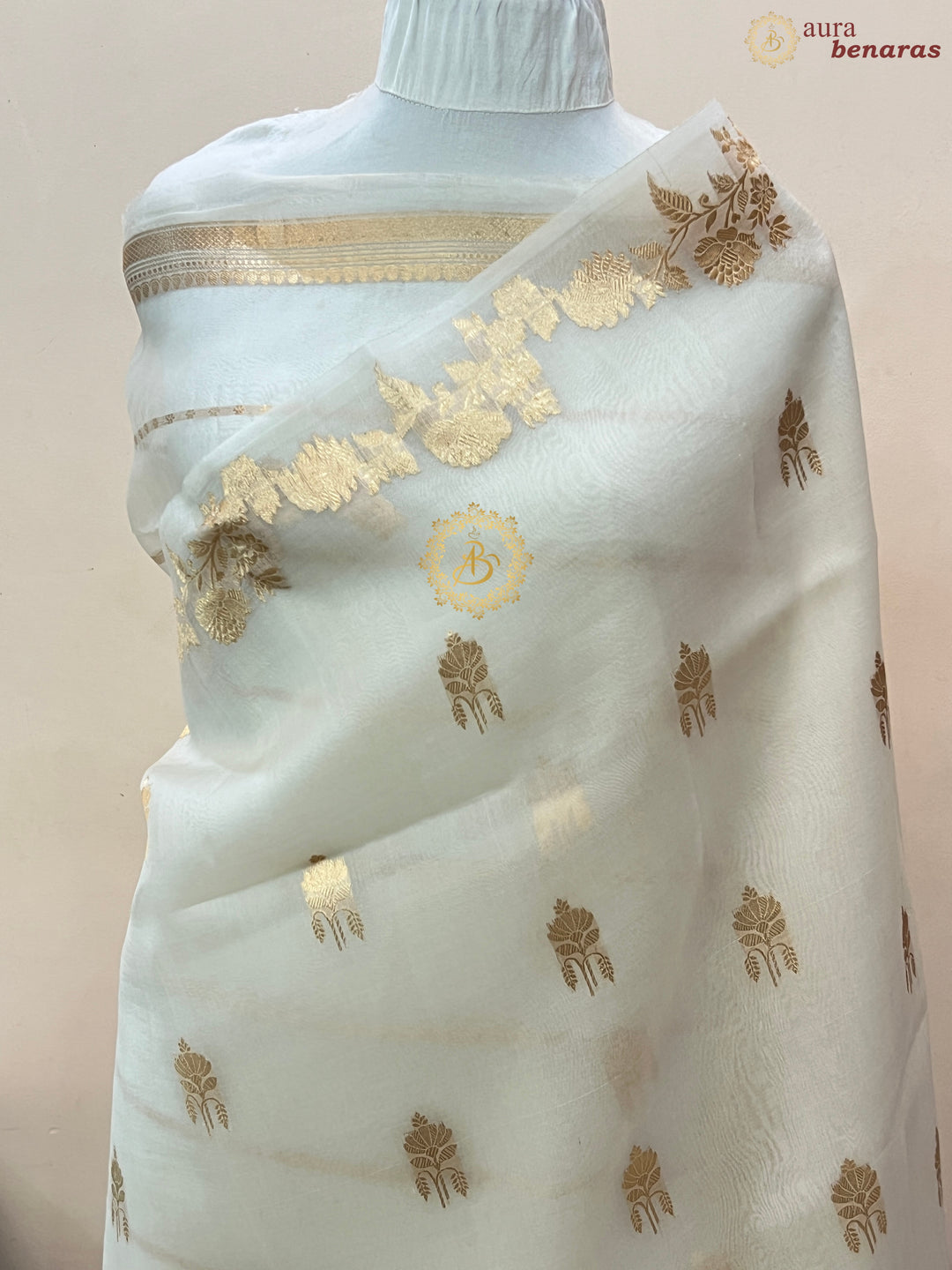 White Pure Kora Silk Handloom Banarasi Saree