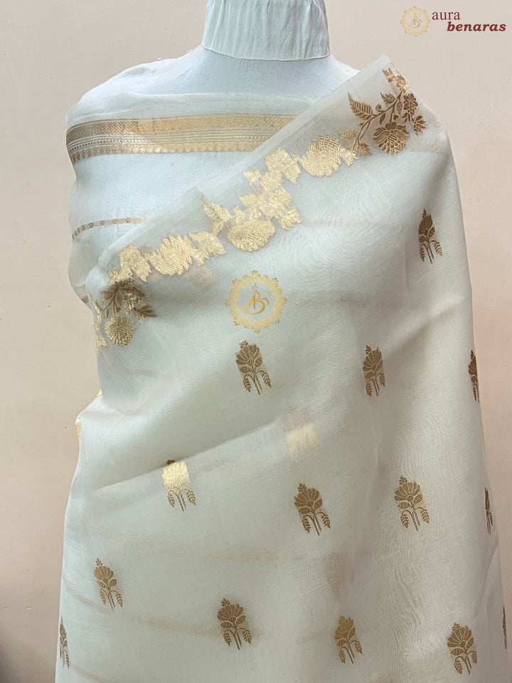 White Pure Kora Silk Handloom Banarasi Saree