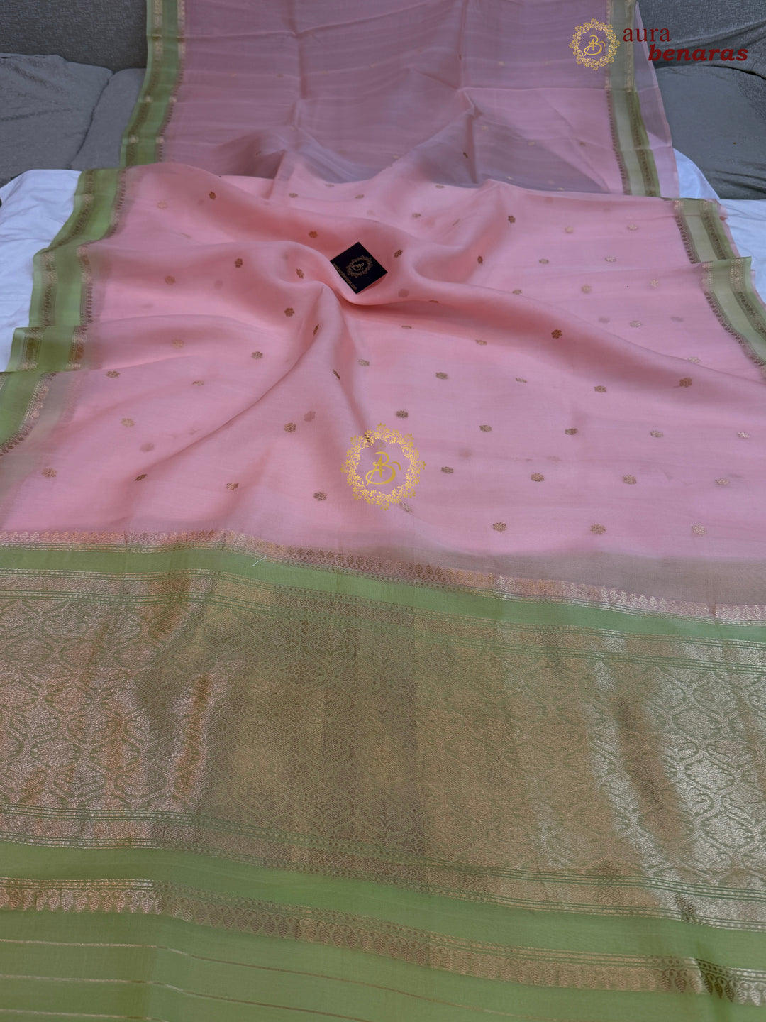Pastel Peach Banarasi Handloom Kora Silk Saree - Aura Benaras